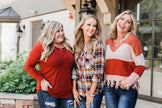 Warm & Cozy Distressed Color Block Sweater- Rust Tones