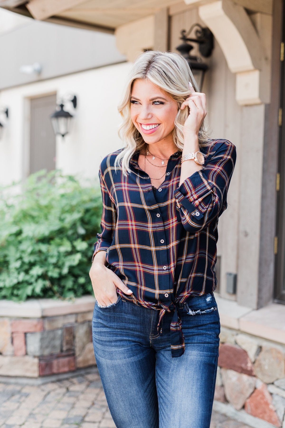 Carrying Your Love Flannel Button Up Top- Navy & Mustard