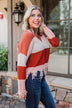 Warm & Cozy Distressed Color Block Sweater- Rust Tones