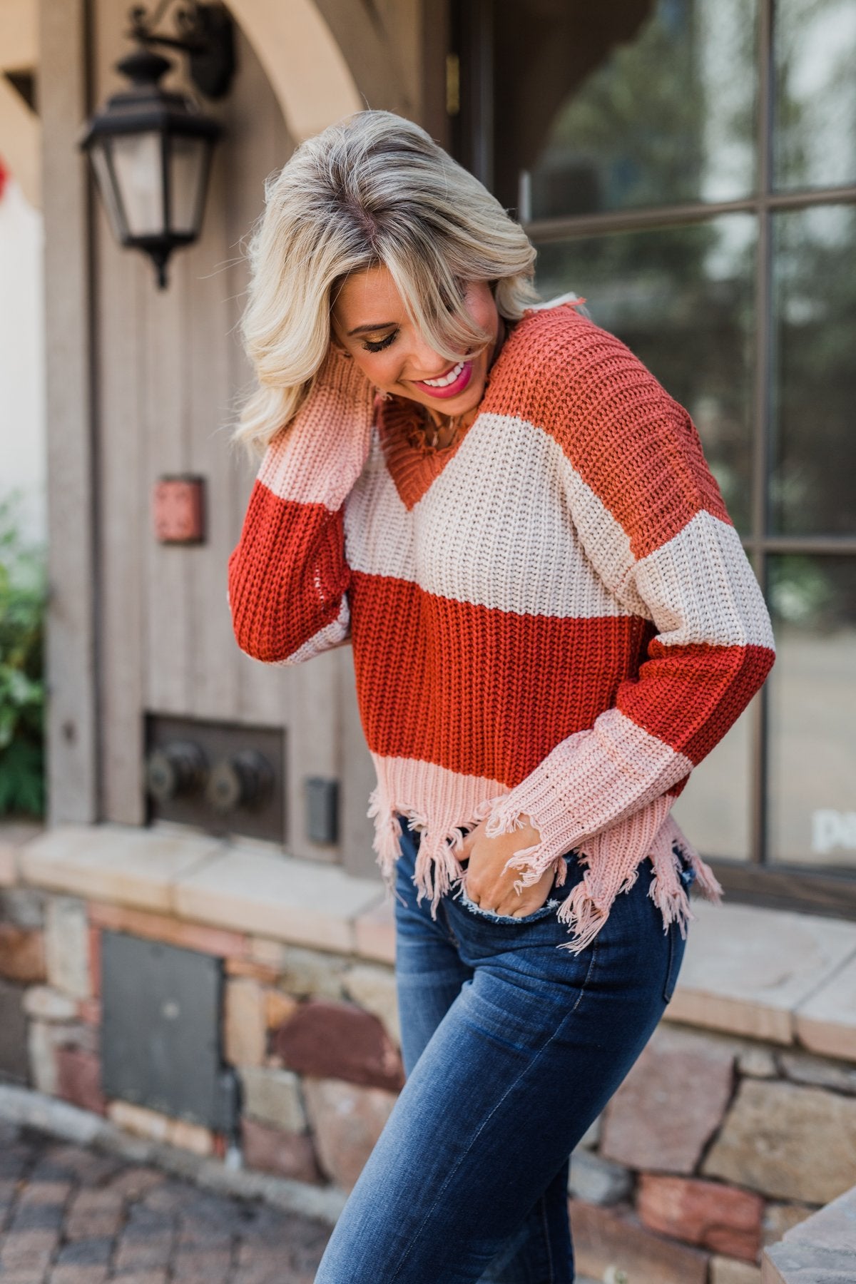Warm & Cozy Distressed Color Block Sweater- Rust Tones