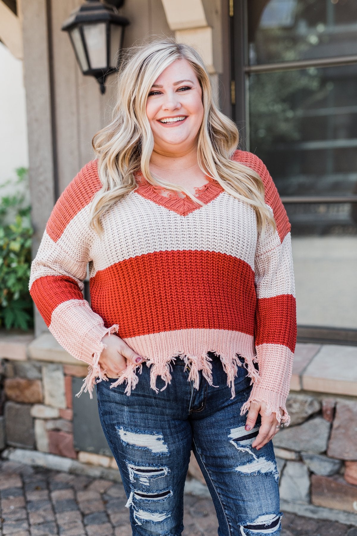 Warm & Cozy Distressed Color Block Sweater- Rust Tones