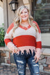 Warm & Cozy Distressed Color Block Sweater- Rust Tones