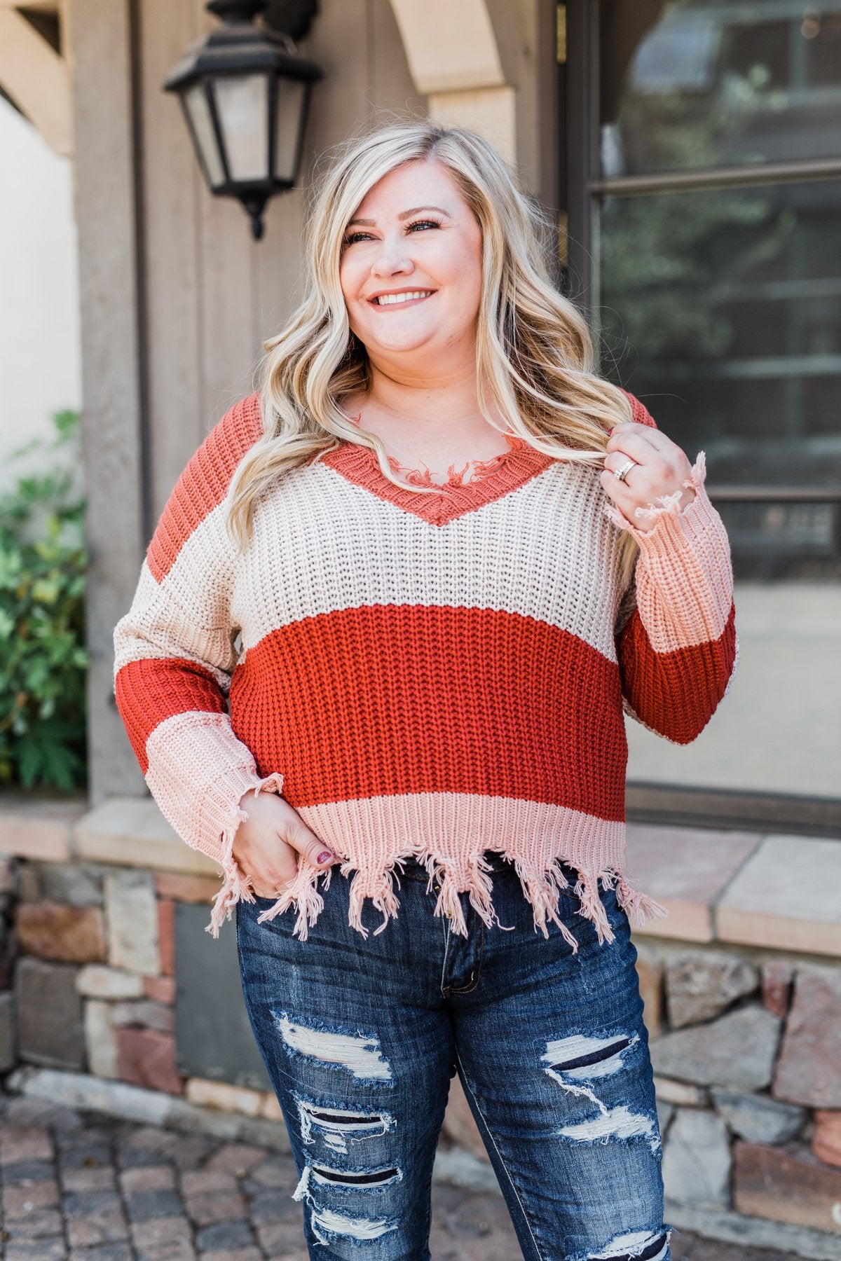 Color block distressed sweater online