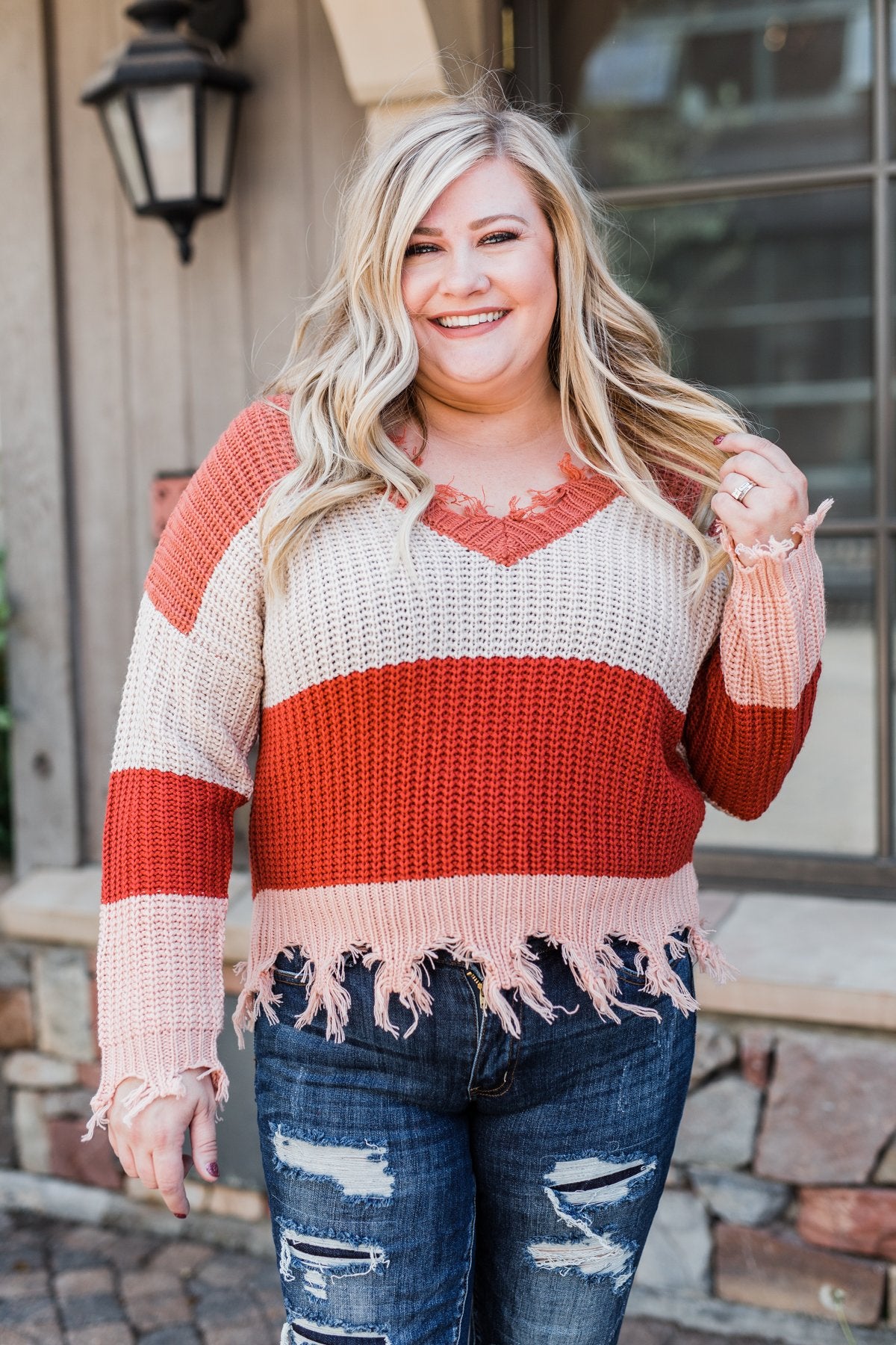 Warm Cozy Distressed Color Block Sweater Rust Tones The Pulse
