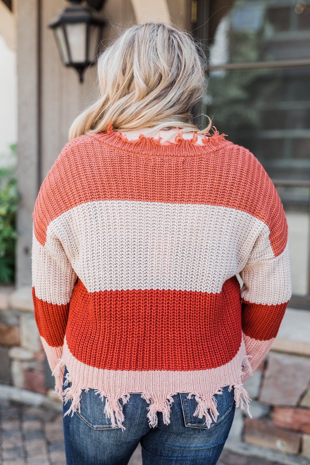 Warm & Cozy Distressed Color Block Sweater- Rust Tones