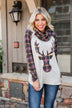 Plaid Reindeer Cowl Neck Top- Oatmeal & Green