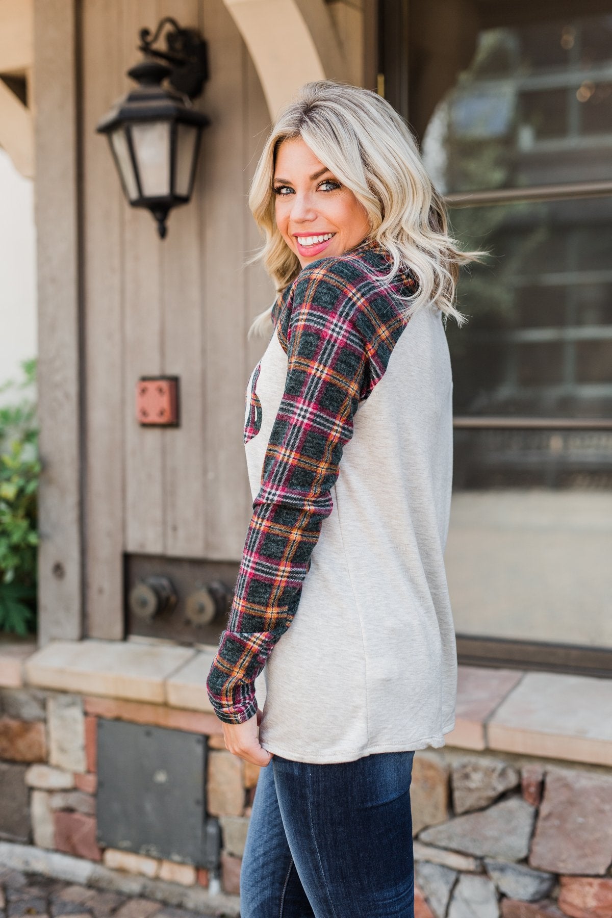 Plaid Reindeer Cowl Neck Top- Oatmeal & Green
