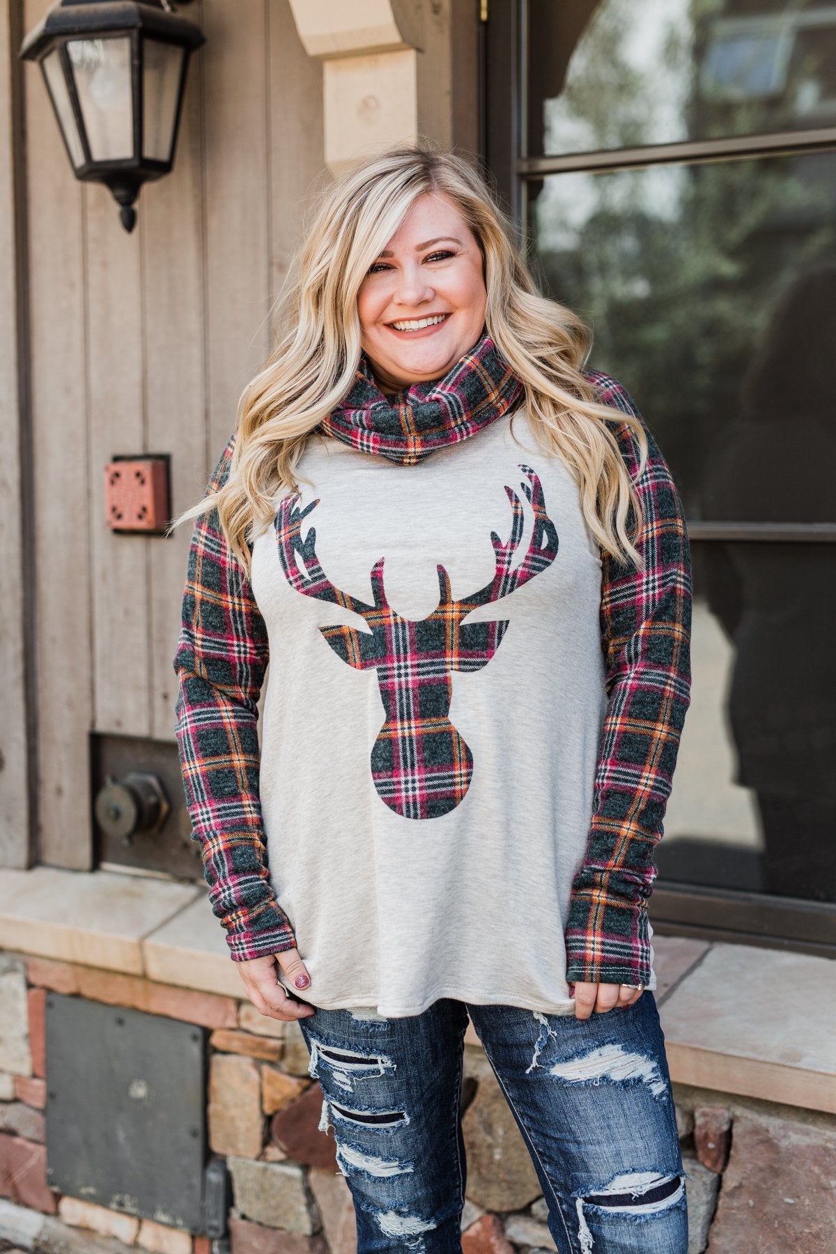 Plaid Reindeer Cowl Neck Top- Oatmeal & Green
