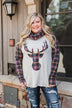 Plaid Reindeer Cowl Neck Top- Oatmeal & Green