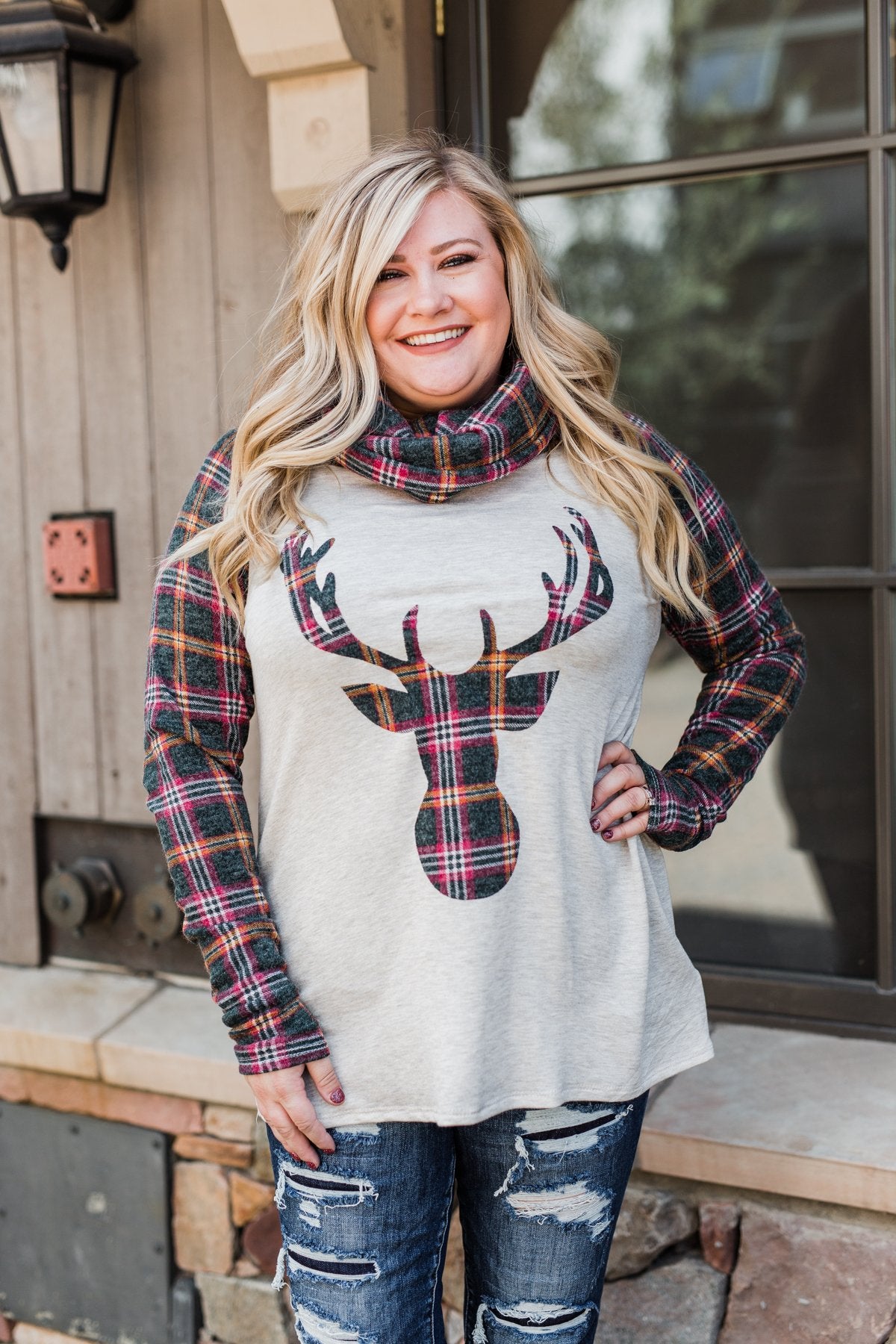 Plaid Reindeer Cowl Neck Top- Oatmeal & Green