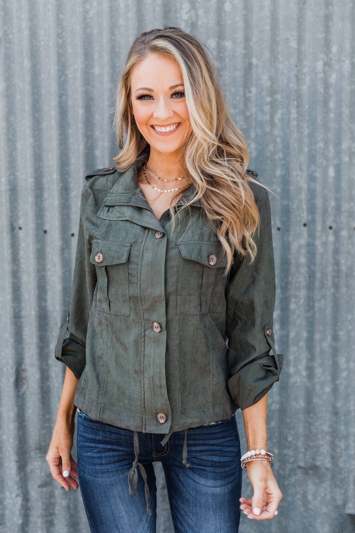 One Thing Right Lightweight Zip Up Jacket- Olive