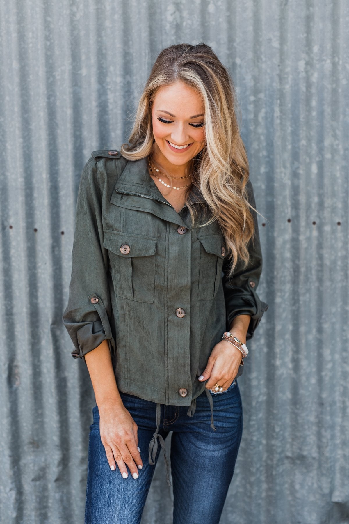 One Thing Right Lightweight Zip Up Jacket- Olive