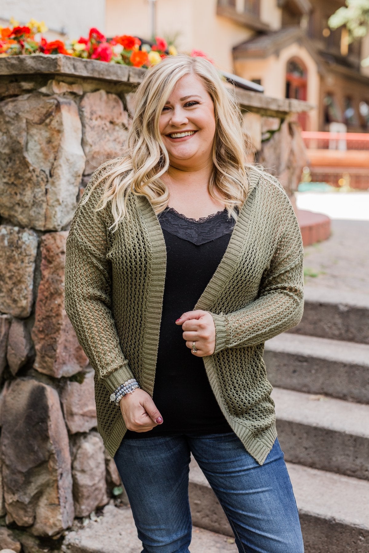 Open Knit Hooded Cardigan- Moss Green
