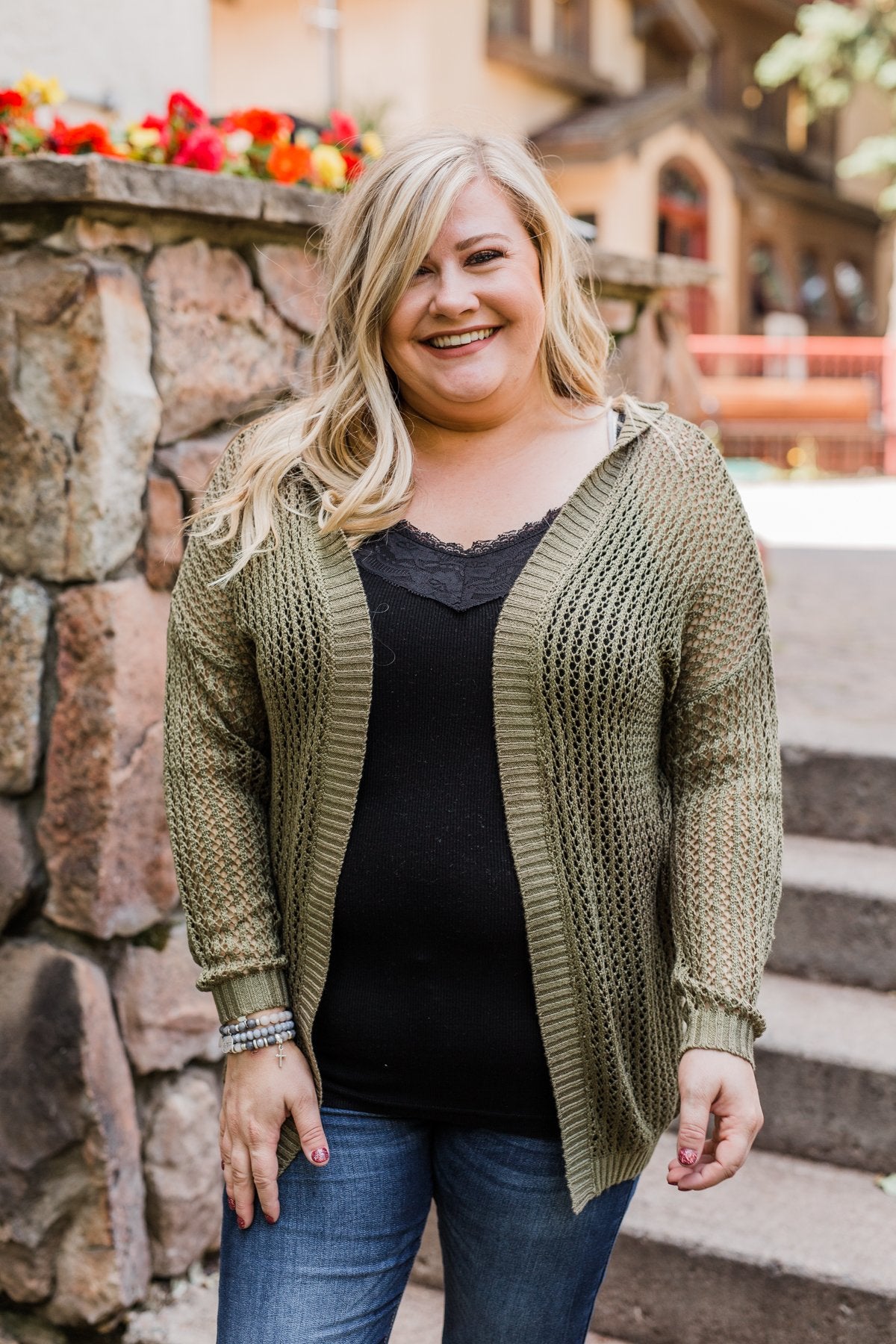 Open Knit Hooded Cardigan- Moss Green