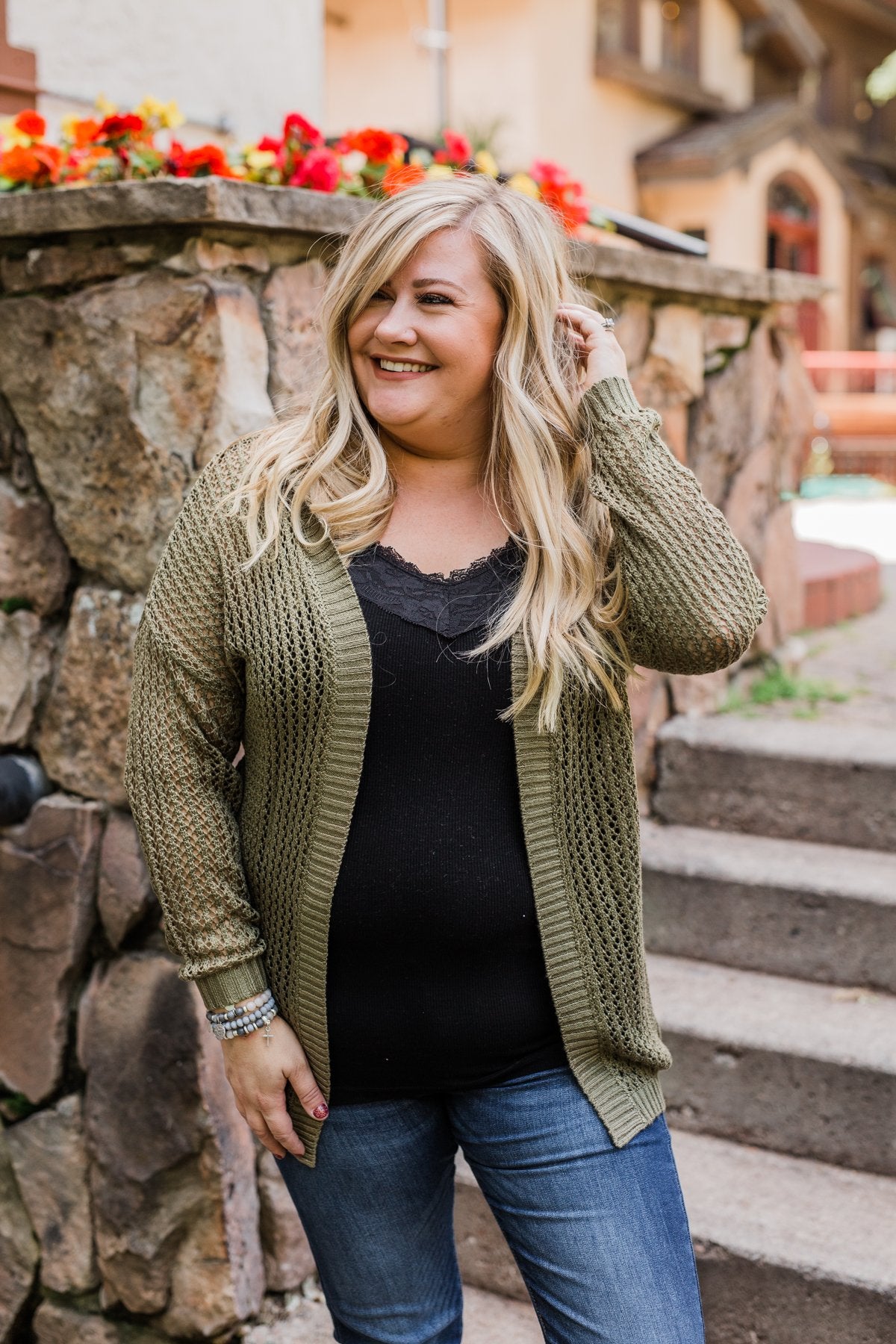 Open Knit Hooded Cardigan- Moss Green