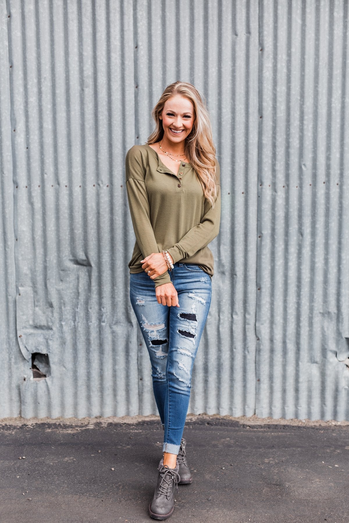 Cozy & Warm 4 Button Henley Top- Olive