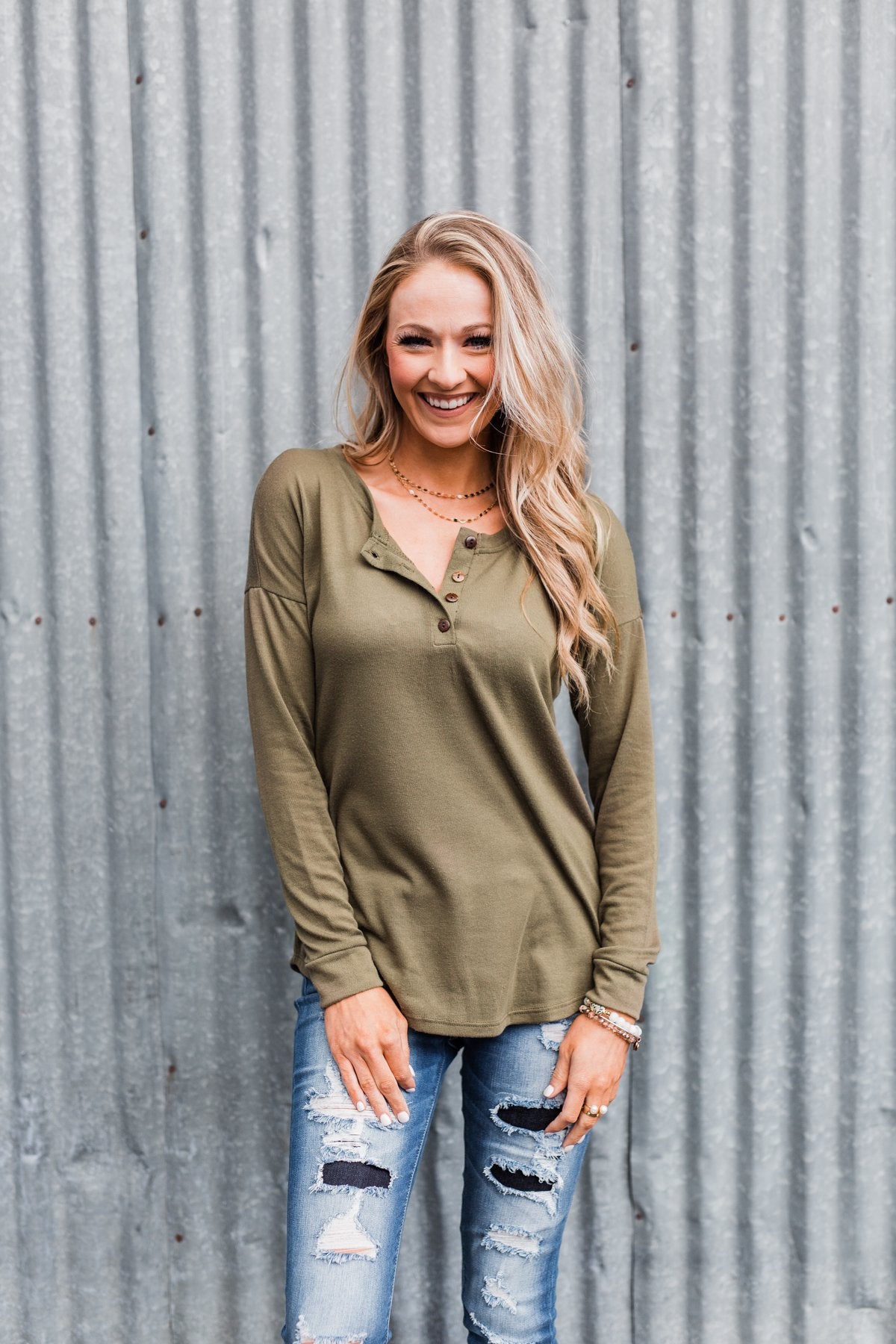 Cozy & Warm 4 Button Henley Top- Olive