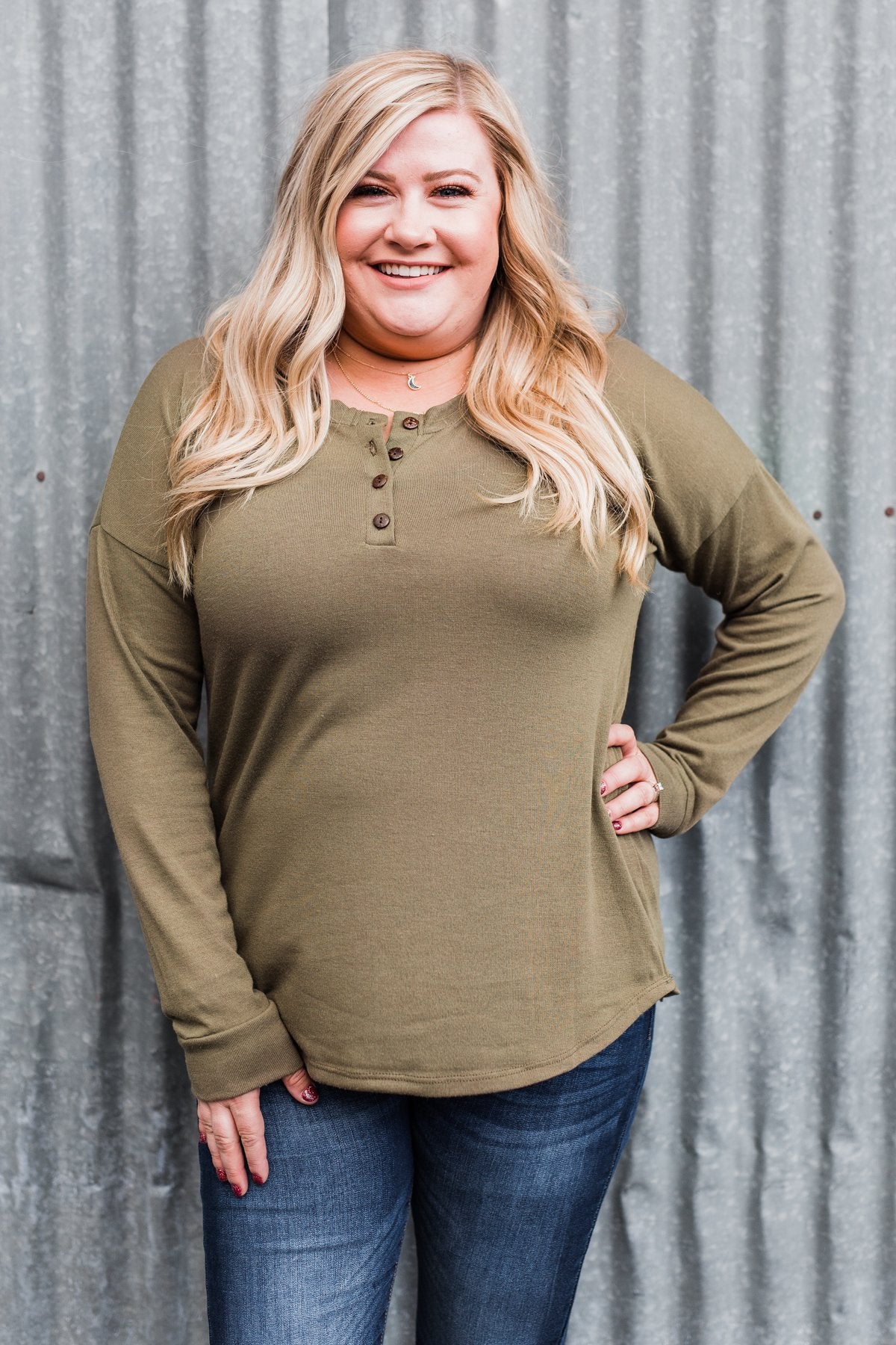 Cozy & Warm 4 Button Henley Top- Olive