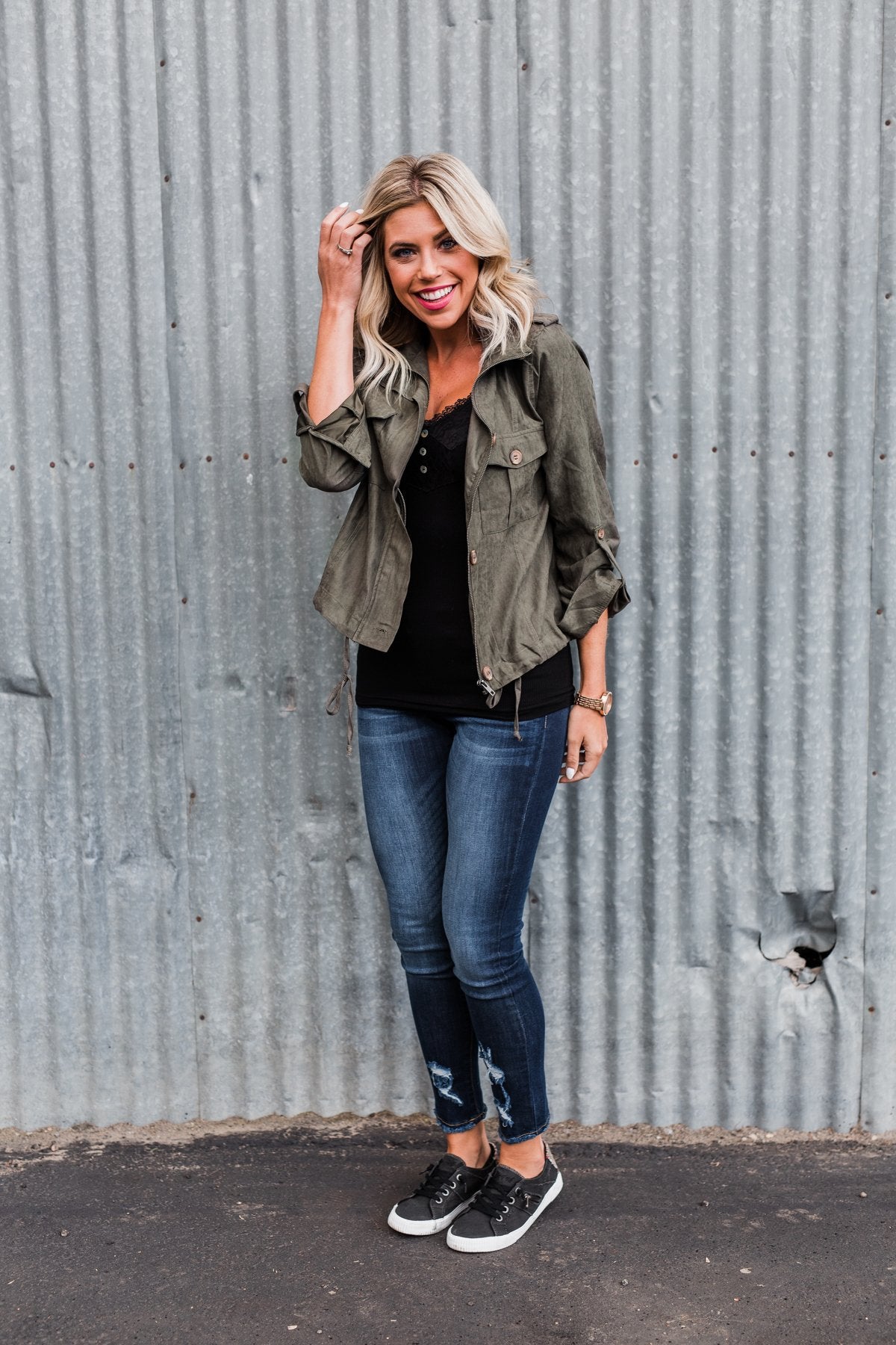 One Thing Right Lightweight Zip Up Jacket- Olive