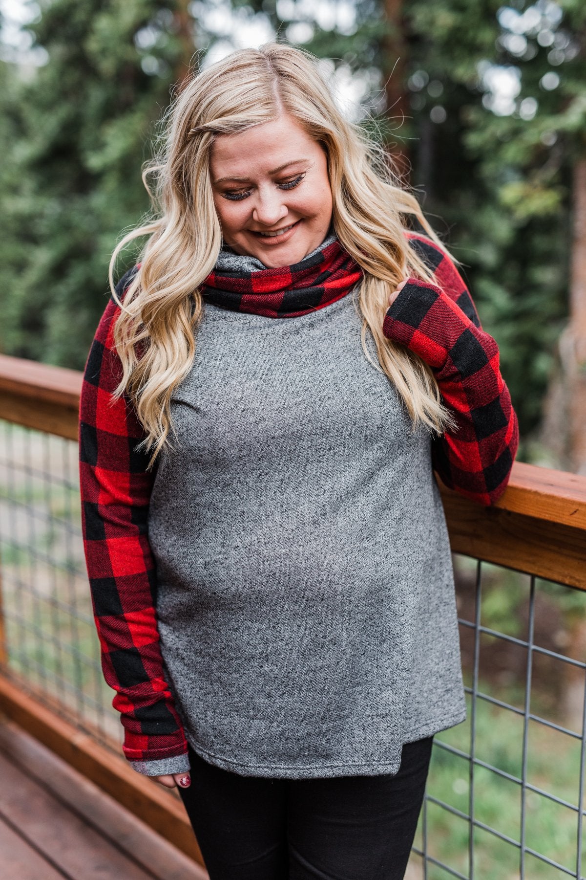 Buffalo plaid cowl neck sweater cheap