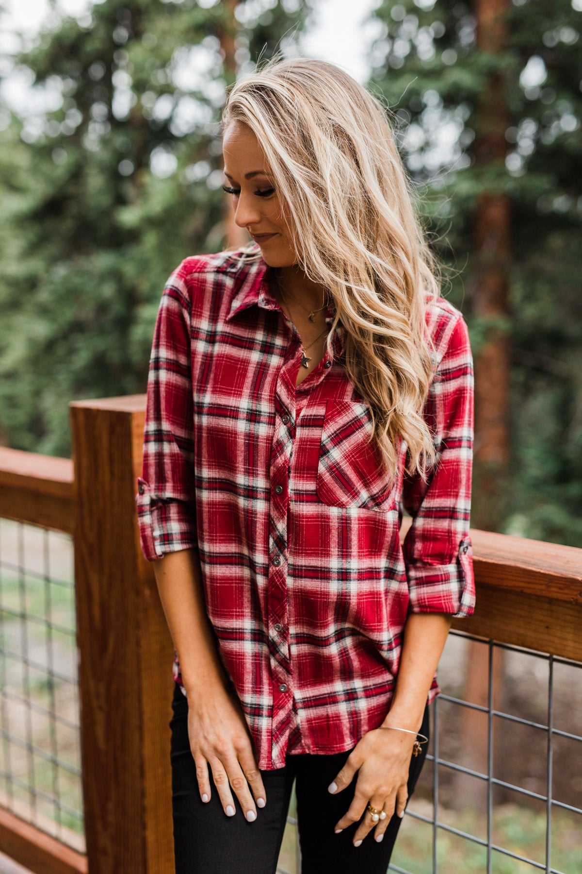 Saying Hello Flannel Button Up Top- Red