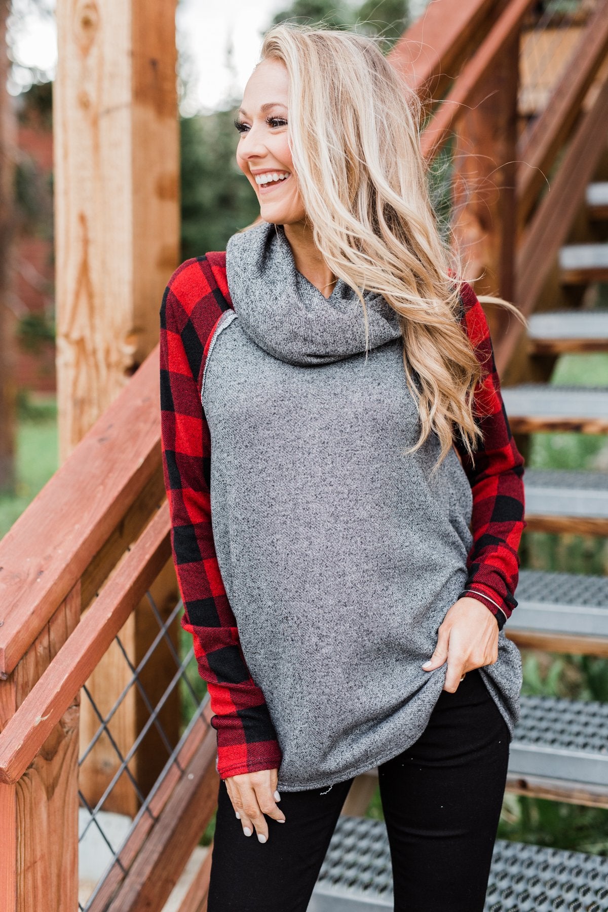 Plaid cowl neck deals sweater