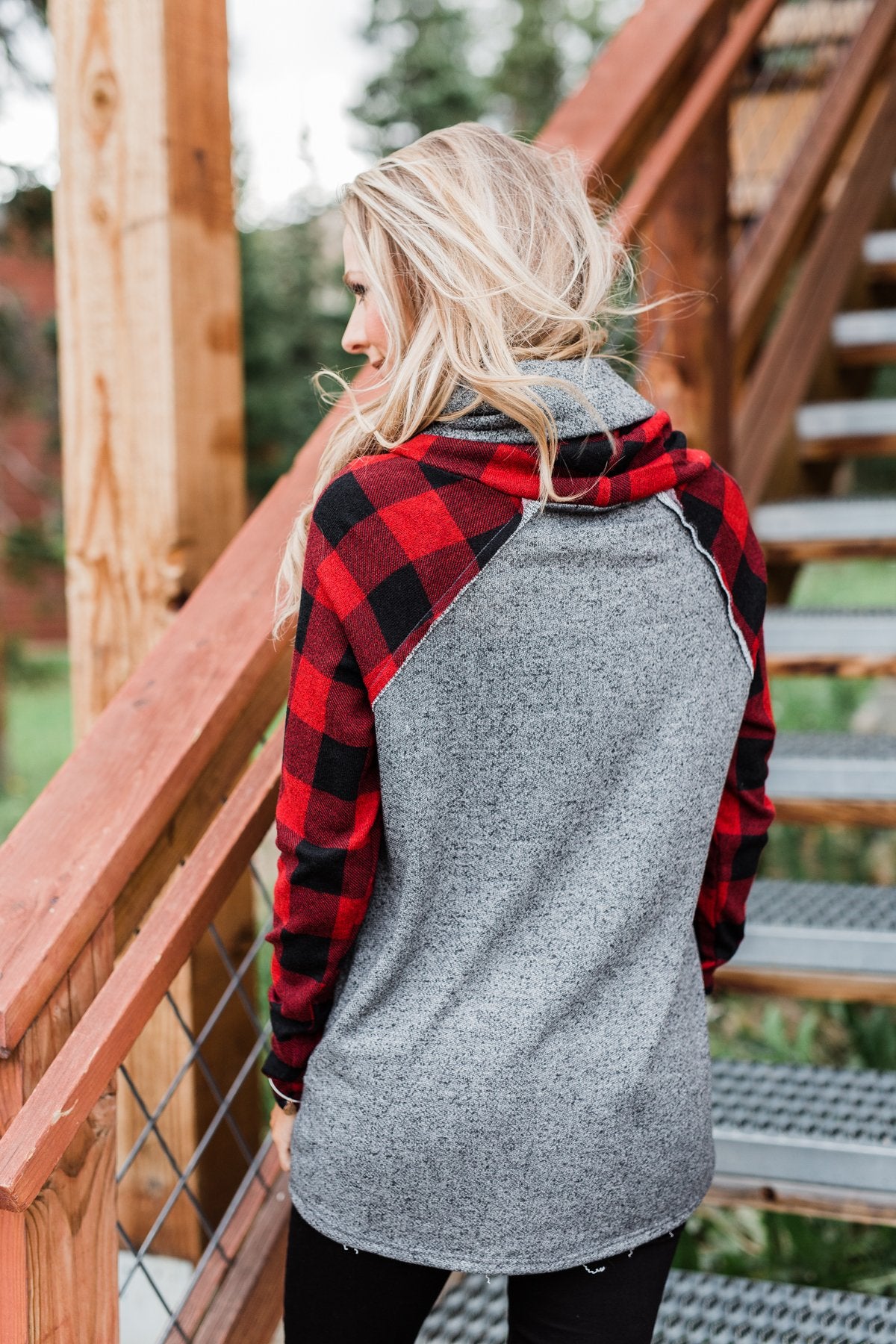 Something About Buffalo Plaid Cowl Neck Top- Grey