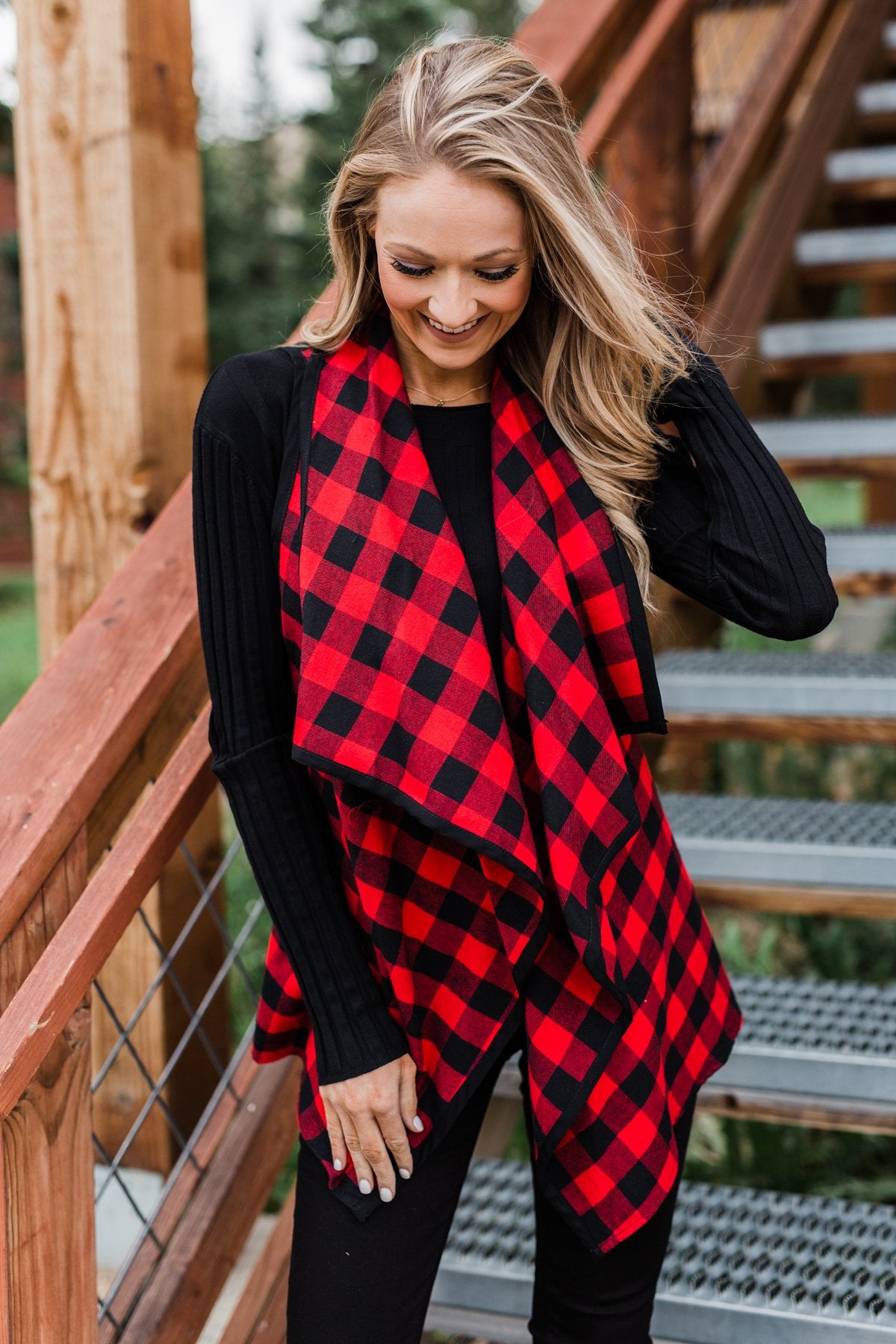 Buffalo plaid long vest cheap