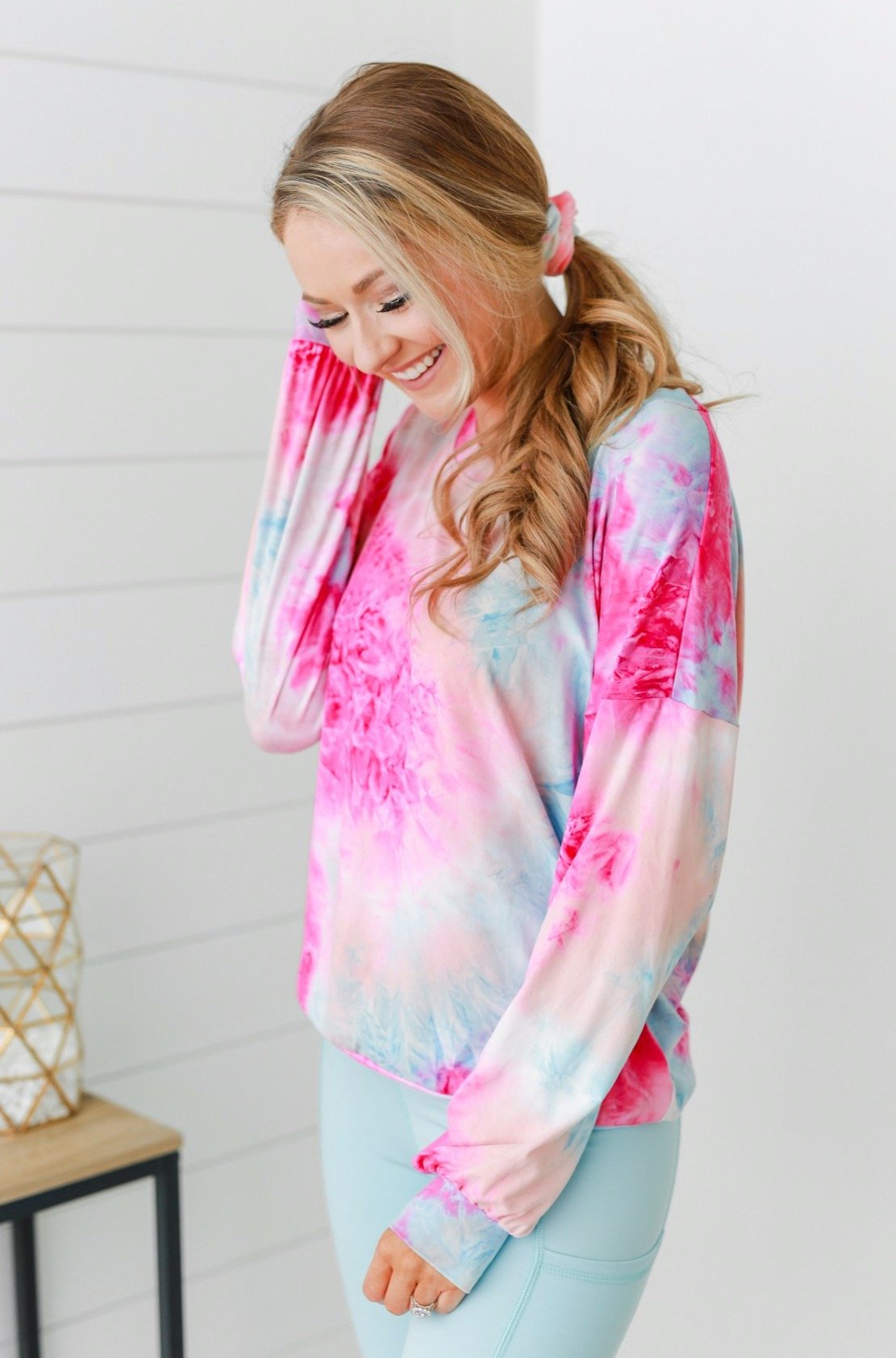 Nice To Notice Long Sleeve Top- Fuchsia, Peach, Sky Blue