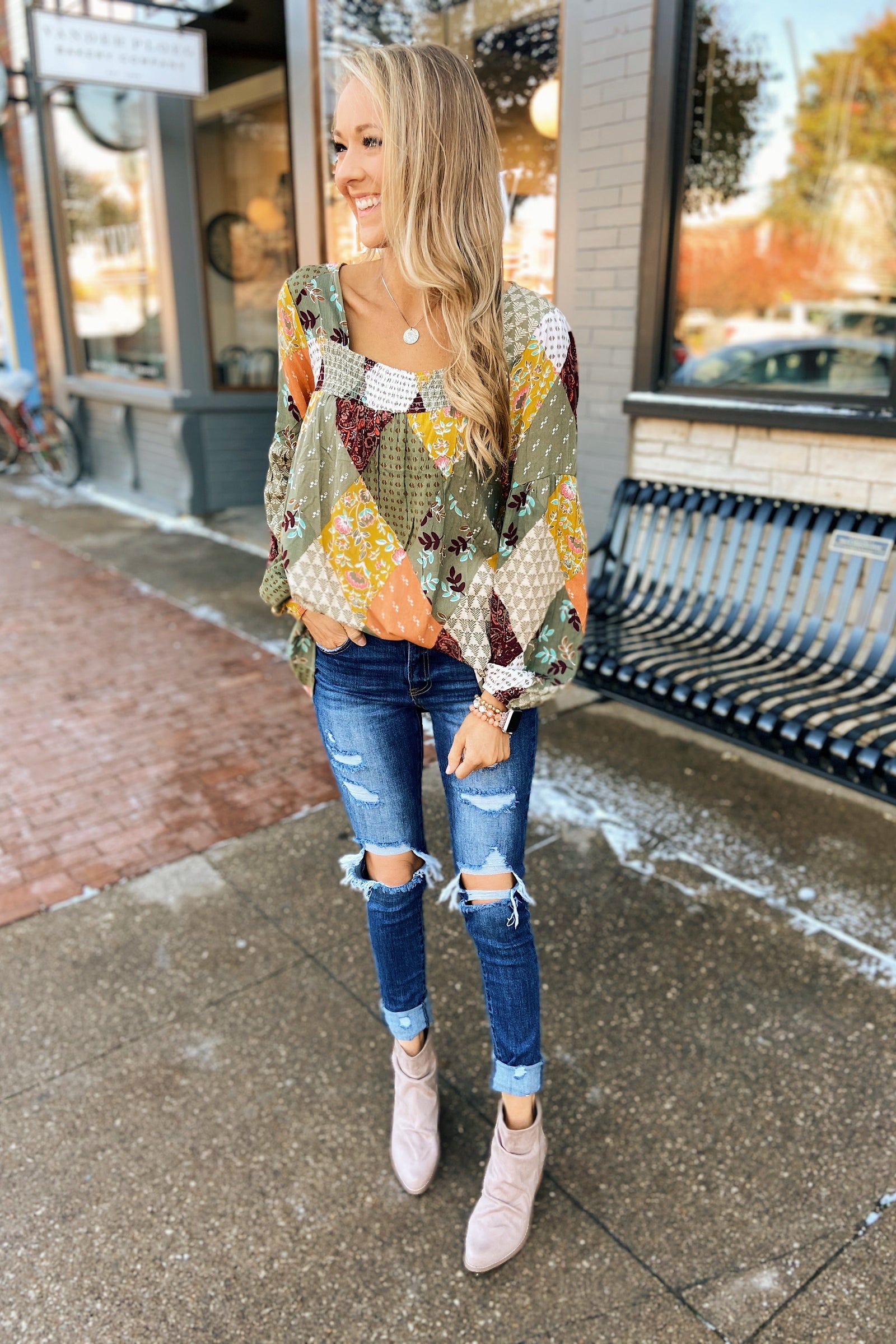 Wandering Free Printed Blouse- Olive Tones