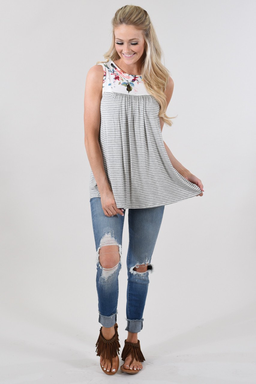 Take a Hint Floral & Striped Tank Top ~ Grey
