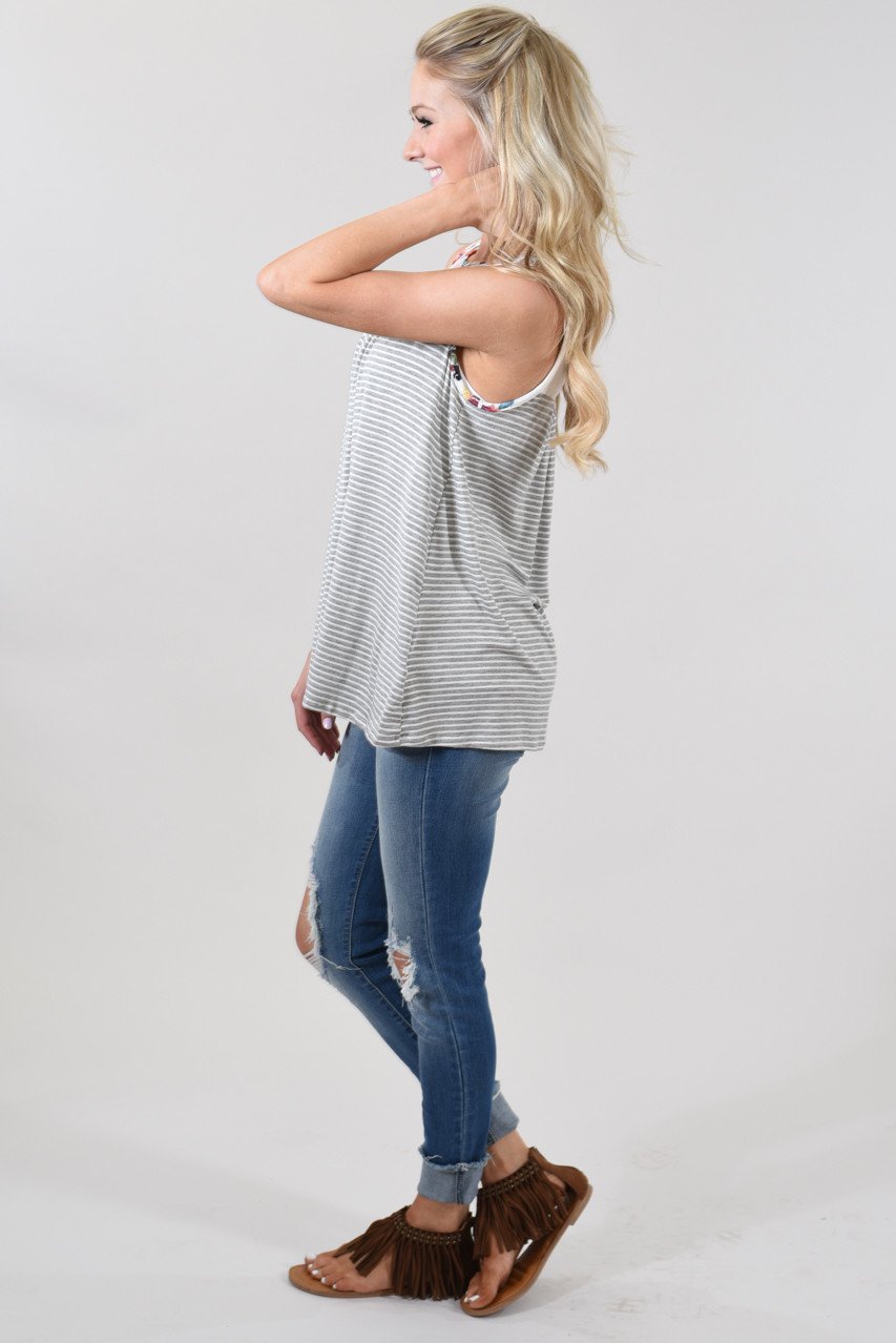 Take a Hint Floral & Striped Tank Top ~ Grey