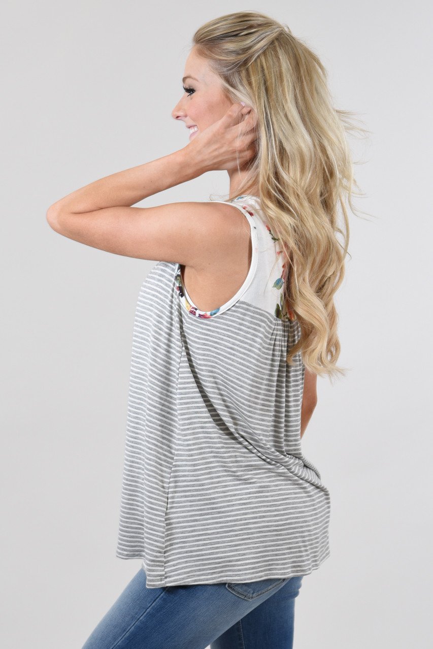 Take a Hint Floral & Striped Tank Top ~ Grey