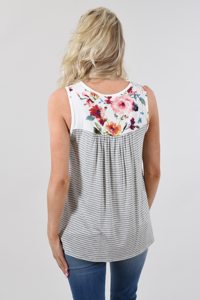Take a Hint Floral & Striped Tank Top ~ Grey