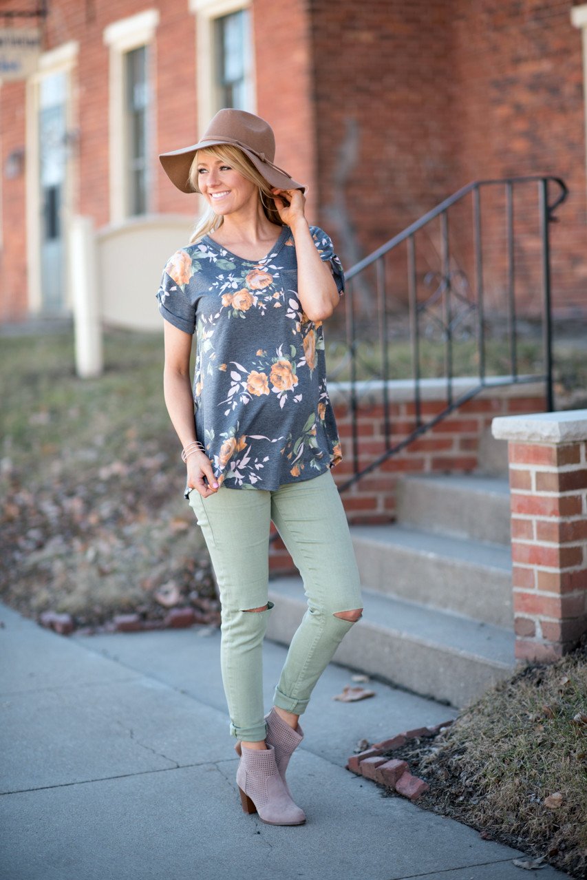 Charcoal and Yellow Floral Top