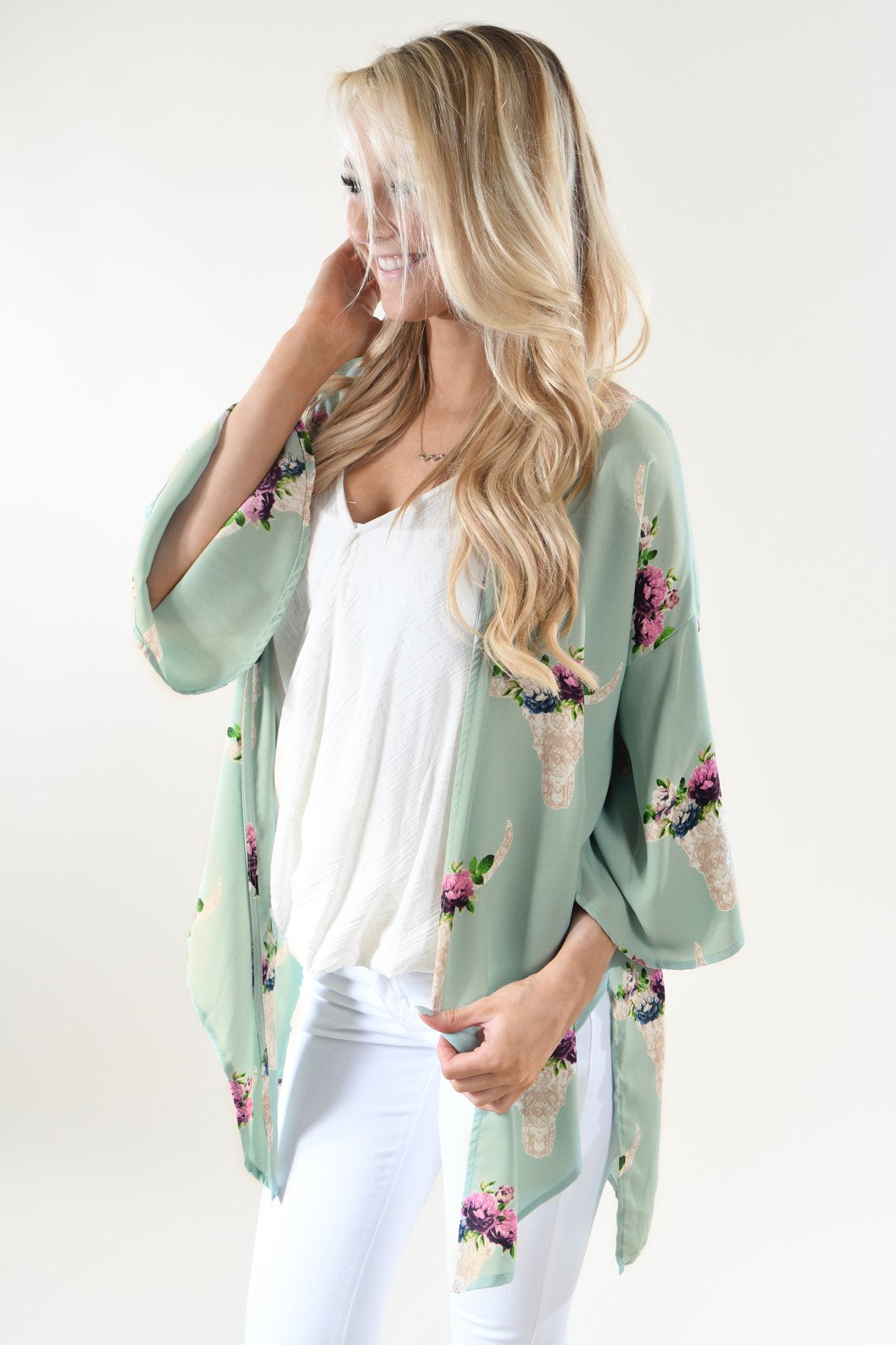 Mint Floral Skull Kimono