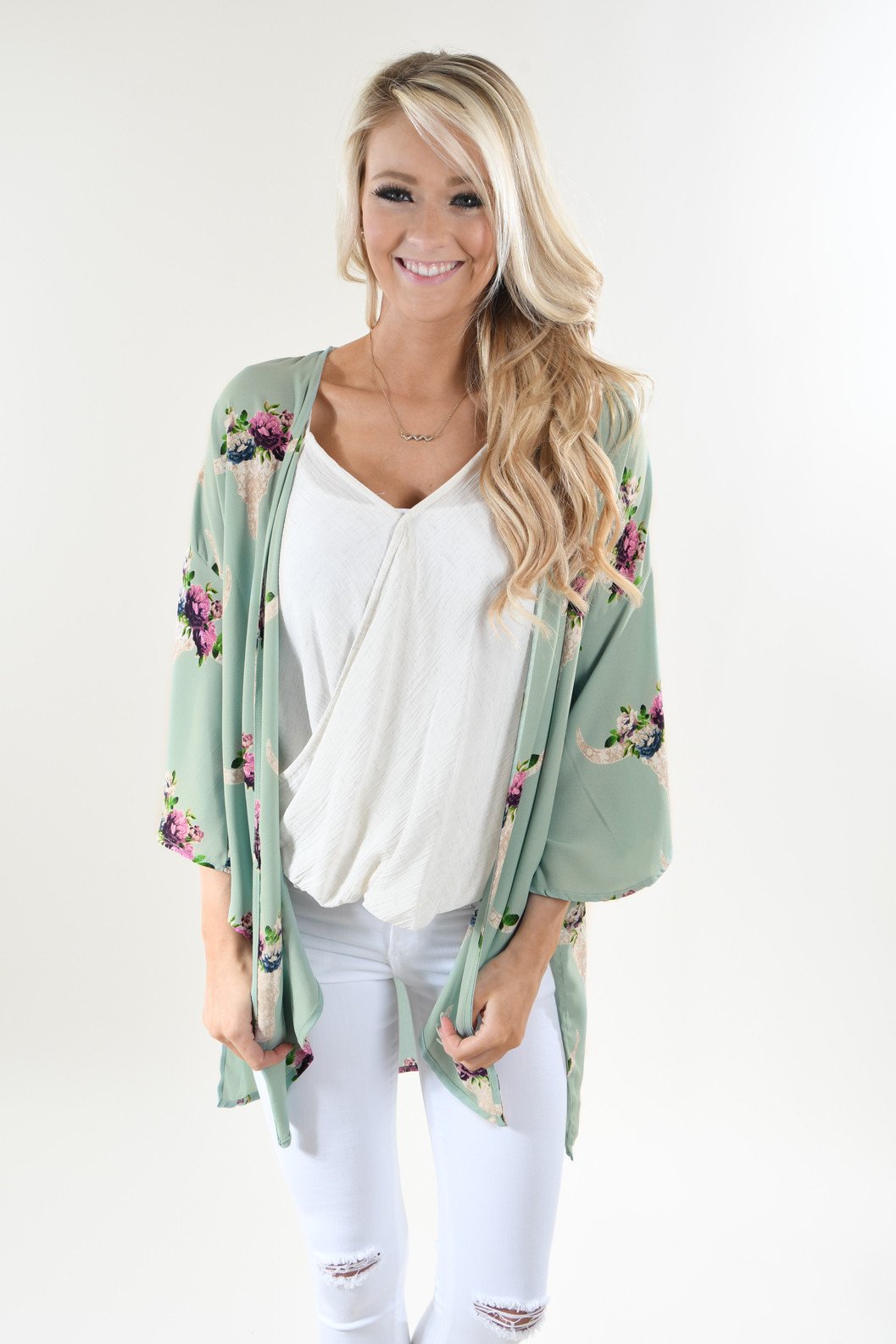 Mint Floral Skull Kimono