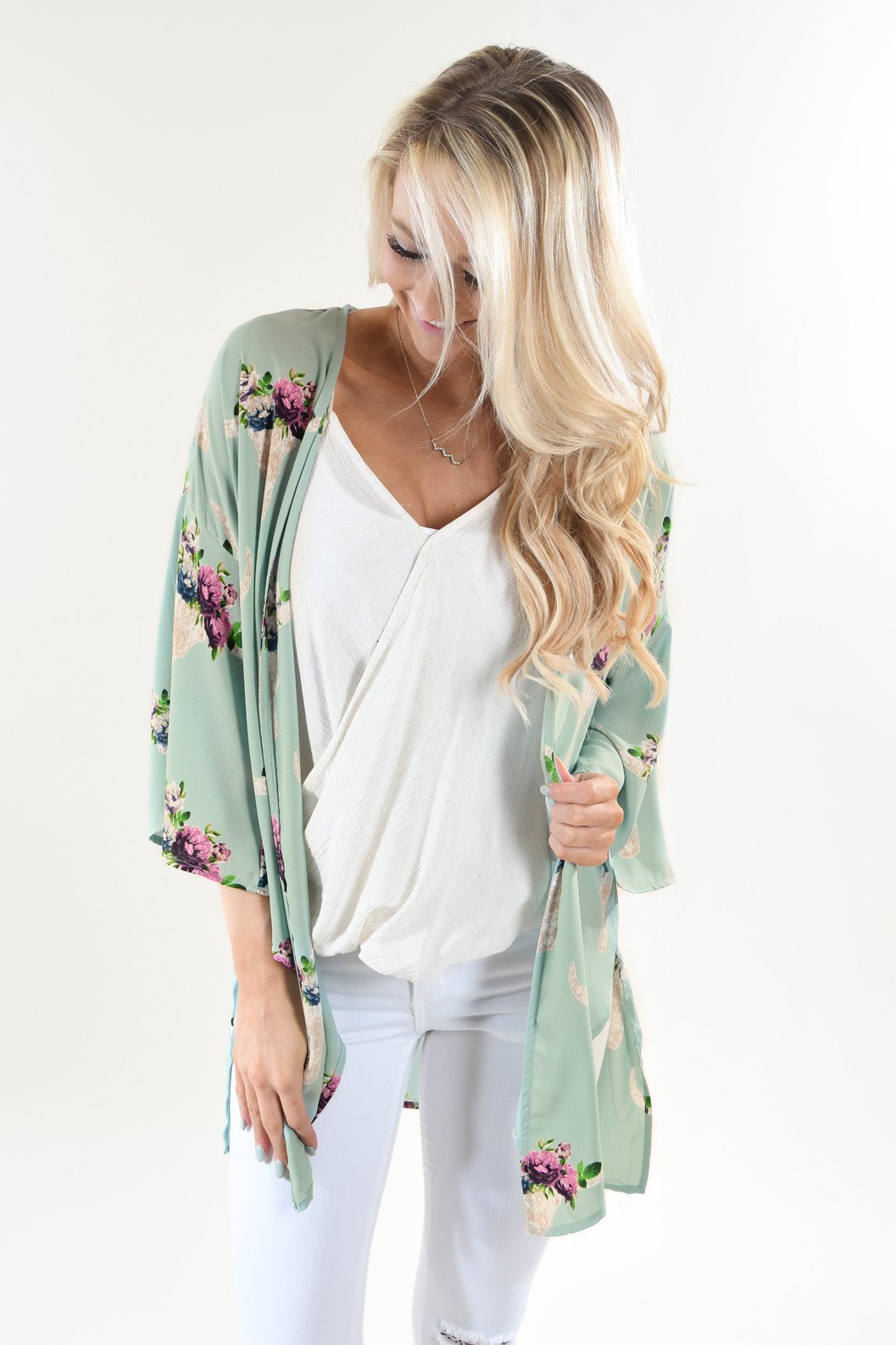 Mint Floral Skull Kimono