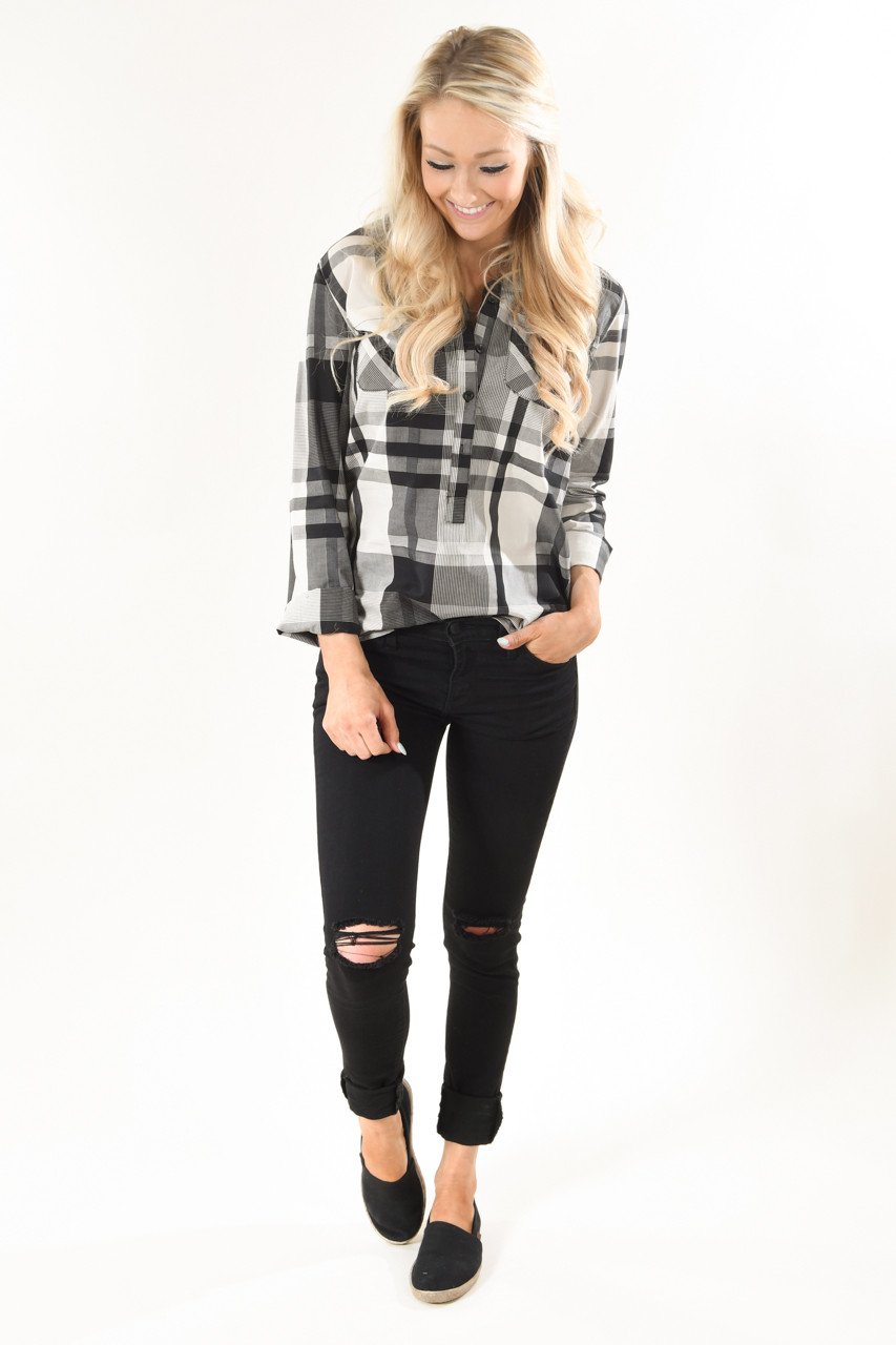 Cream and Grey Ampersand Avenue Plaid Top