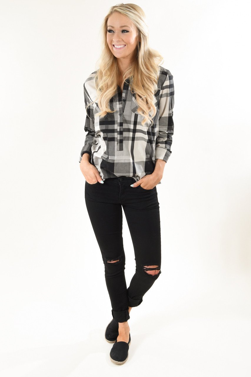 Cream and Grey Ampersand Avenue Plaid Top