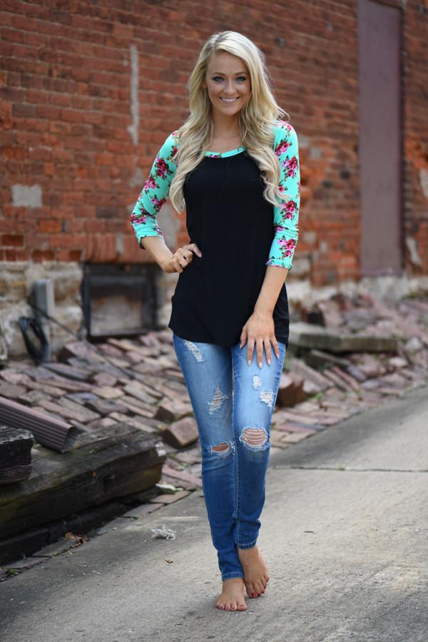 Mint Floral 3/4 Sleeve Top