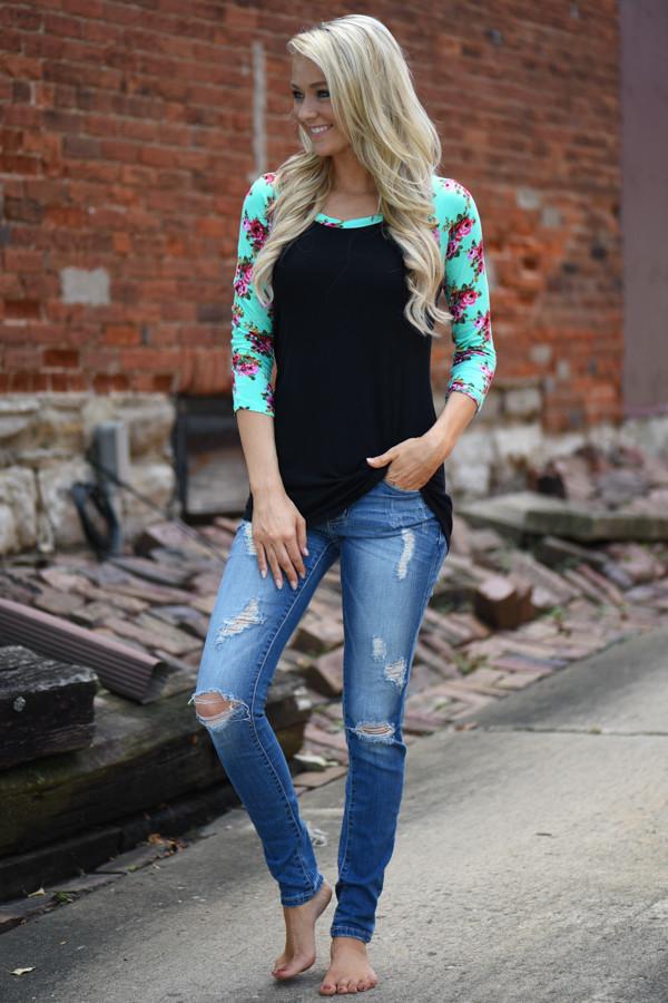 Mint Floral 3/4 Sleeve Top