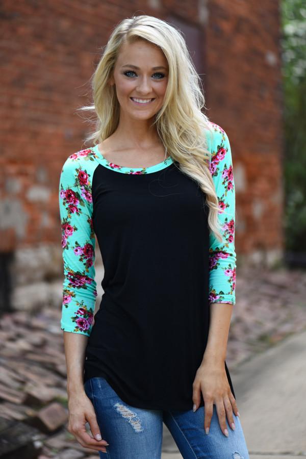 Mint Floral 3/4 Sleeve Top