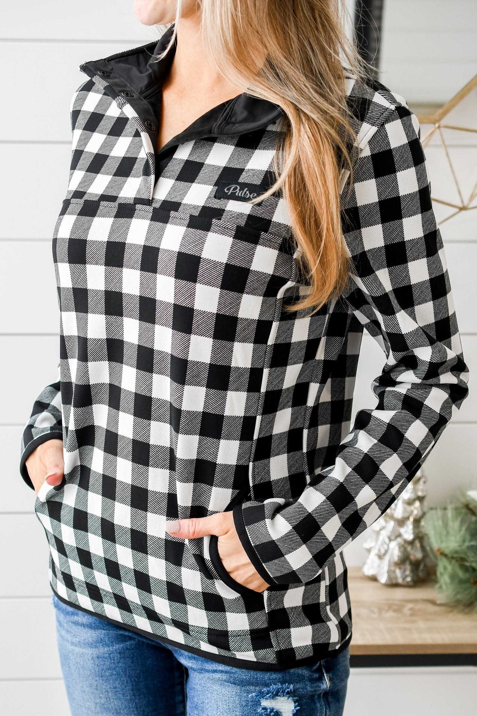 'Tis The Season 1/4 Button Pullover- White Buffalo Plaid