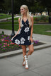Navy Floral Mid Length Dress