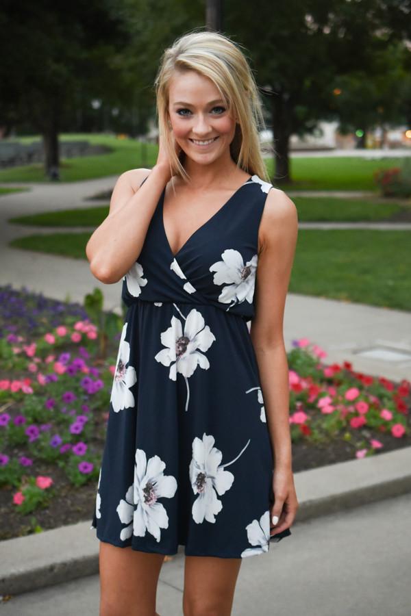 Navy Floral Mid Length Dress