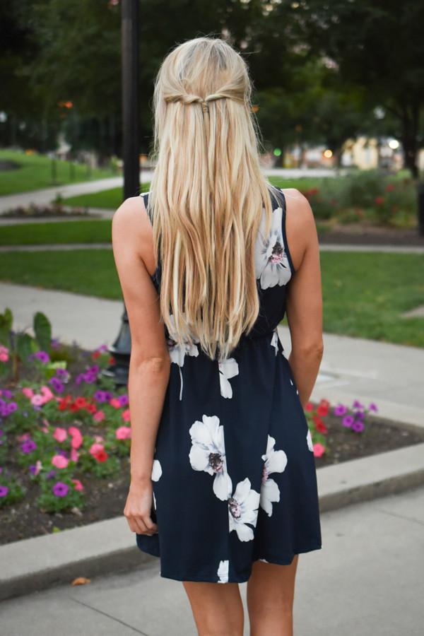 Navy Floral Mid Length Dress