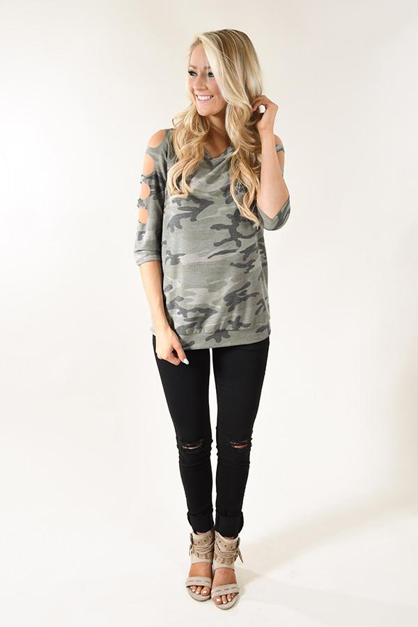 Camo Cut Out Sleeve Top