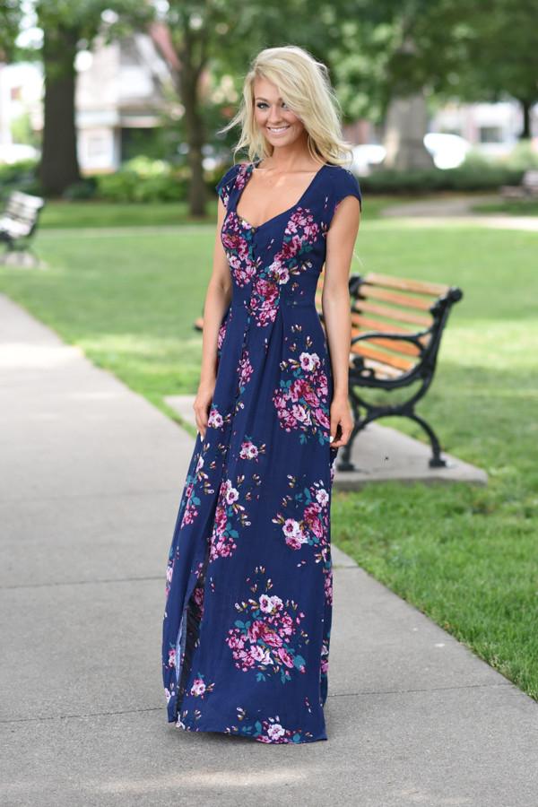 Navy Short Sleeve Floral Maxi Dress