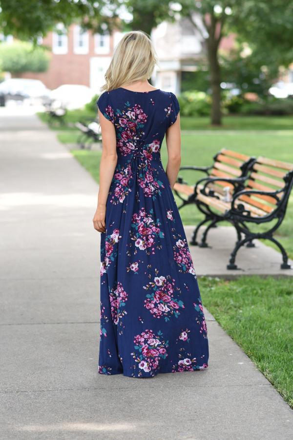 Navy Short Sleeve Floral Maxi Dress Navy Short Sleeve Floral Maxi Dress